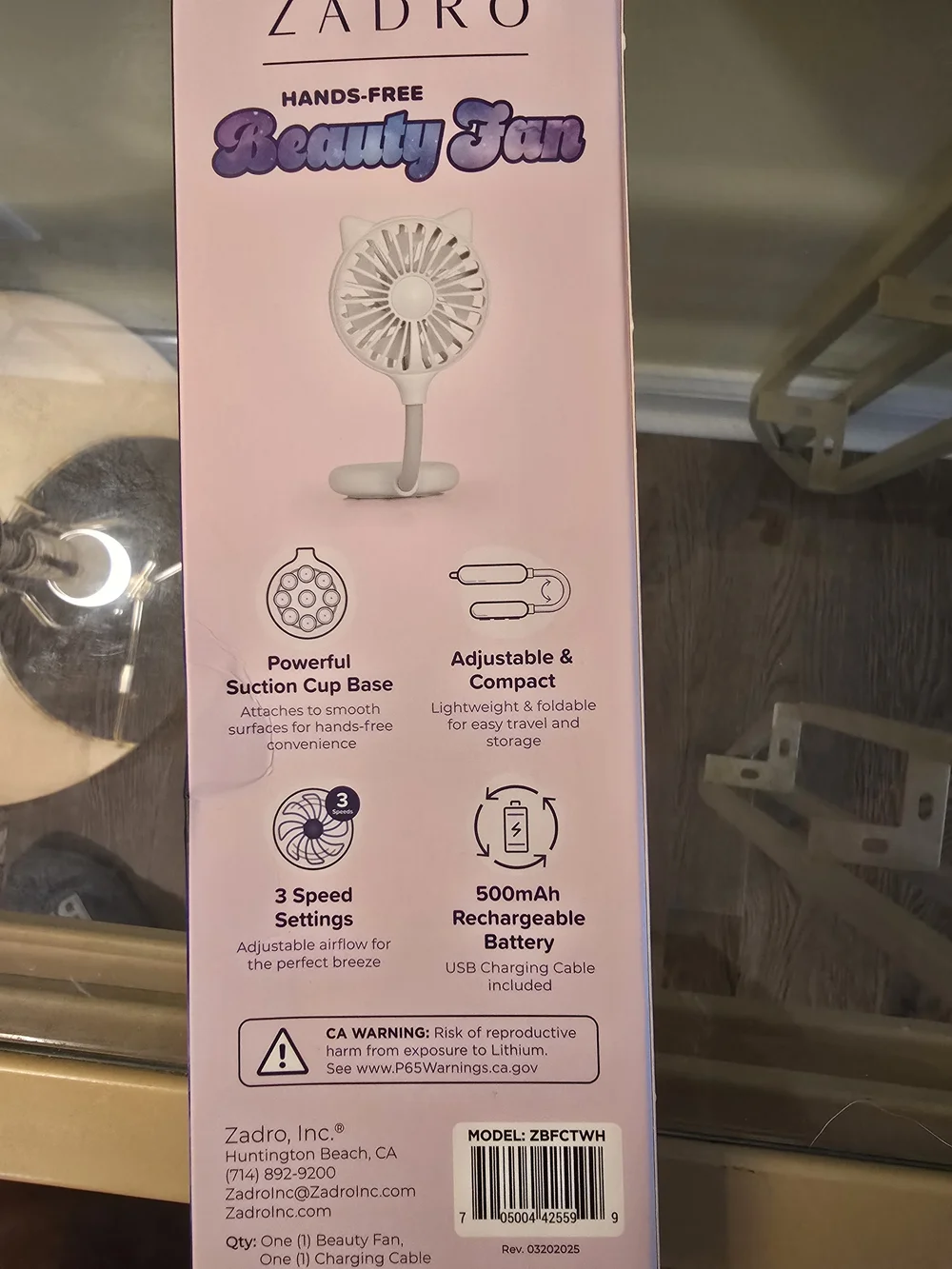ZADRO White & Pink Hands-Free Beauty Fan with Suction Base